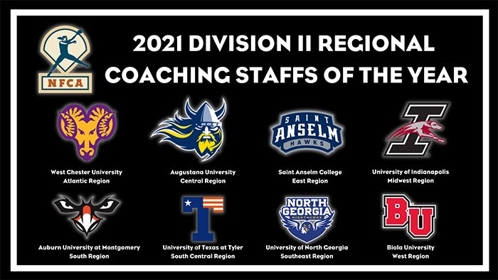 nfca, nfca coaching staff of the year, nfca dii regional coaching staff of the year, augustana, biola, North Georgia, West Chester, Saint Anselm, AUm, Auburn University at Montgomery, University of Texas at Tyler, UT Tyler, UIndy, University of Indianapolis