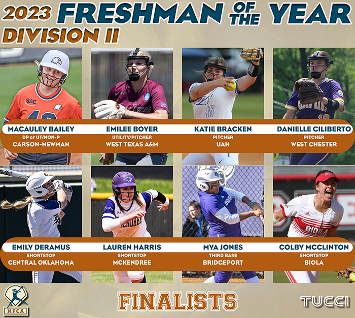 2023 TUCCI/NFCA Division II Freshman of the Year Finalists, nfca, tucci, tucci limited, 2023 NFCA Division II Freshman of the Year Finalists, ncaa dii softball, d2 softball, softball awards, nfca freshman of the year