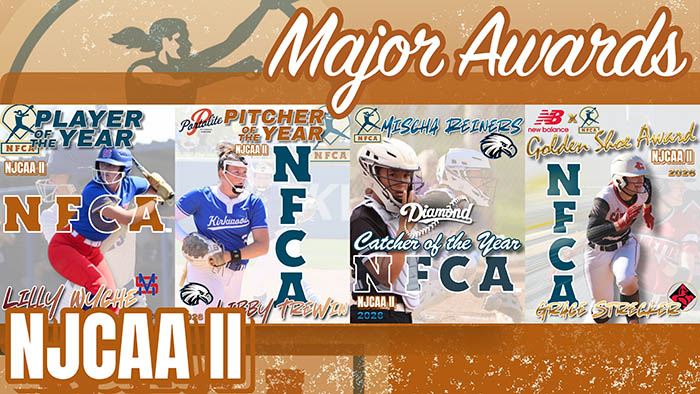 NFCA NJCAA DII Major Awards, NFCA, NJCAA DII, NJCAA, NFCA NJCAA DII Player of the Year, NFCA NJCAA DII Pitcher of the Year, New Balance/NFCA NJCAA DII Golden Shoe Award, Diamond Sports/NFCA NJCAA DII Catcher of the Year, Diamond Sports, New Balance, nfca awards, nfca pitcher of the year, nfca player of the year, nfca catcher of the year, nfca golden shoe award, Diamond Sports Catcher of the Year, New Balance Golden Shoe Award, player of the year, pitcher of the year, NJCAA DII softball, community college softball, softball, softball awards, NJCAA DII awards, NJCAA DII softball awards, NJCAA DII player of the year, NJCAA DII pitcher of the year, NJCAA DII softball pitcher of the year, NJCAA DIII softball player of the year, softball player of the year awards, softball pitcher of the year awards, njcaa softball, NJCAA softball awards, NJCAA player of the year, NJCAA pitcher of the year, NJCAA softball pitcher of the year, NJCAA softball player of the year, 2026, mischa, reiners, kirkwood, grace, strecker, labette, lilly, wyche, murray, state, libby, trewin, crimson, lawrence, st. johns, river, college, community,
