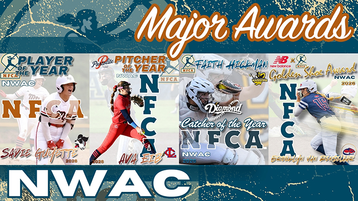 NFCA NWAC Major awards, NFCA, NWAC, NFCA NWAC Player of the Year, NFCA NWAC Pitcher of the Year, New Balance/NFCA NWAC Golden Shoe Award, Diamond Sports/NFCA Catcher of the Year, Diamond Sports, New Balance, nfca awards, nfca pitcher of the year, nfca player of the year, nfca catcher of the year, nfca golden shoe award, Diamond Sports Catcher of the Year, New Balance Golden Shoe Award, Player of the year, pitcher of the year, nwac softball, community college softball, softball, softball awards, nwac awards, nwac softball awards, nwac player of the year, nwac pitcher of the year, nwac softball pitcher of the year, nwac softball player of the year, softball player of the year awards, softball pitcher of the year awards, 2026, faith, hickman, walla walla, community, college, clackamas, brooklyn, van renselaar, ava, eib, lower, columbia, sadie, guyette, mt. hood, 