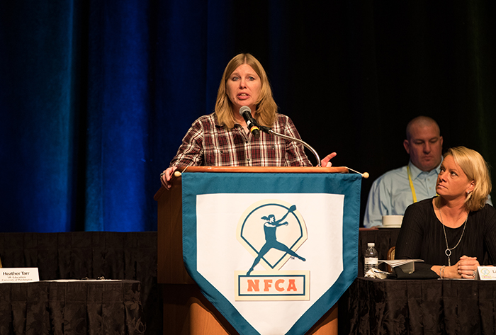 Augustana's Gretta Melsted speaks at the NFCA Awards Brunch. NFCA Convention, 2019 NFCA Convention, NFCA Awards Brunch, Gretta Melsted, Augustana