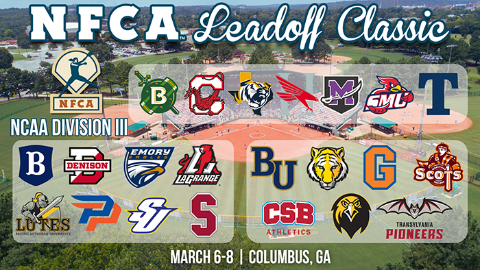 2026, NCAA, NFCA, D3, DIII, Division, 3, three, softball, fastpitch, leadoff, tournament, february, march, columbus, georgia, south, commons, complex, finalist, event, sports, Belhaven, Berry, Bethel, Cortland, Denison, DePauw, East, Texas, Baptist, Emory, Gettysburg, Huntingdon, LaGrange, Maryville, Mount, Union, Pacific, Lutheran, Pfeiffer, Pomona, Pitzer, Pomona-Pitzer, Saint, Benedict, Mary's, Spalding, Stevens, Transylvania, Trine,