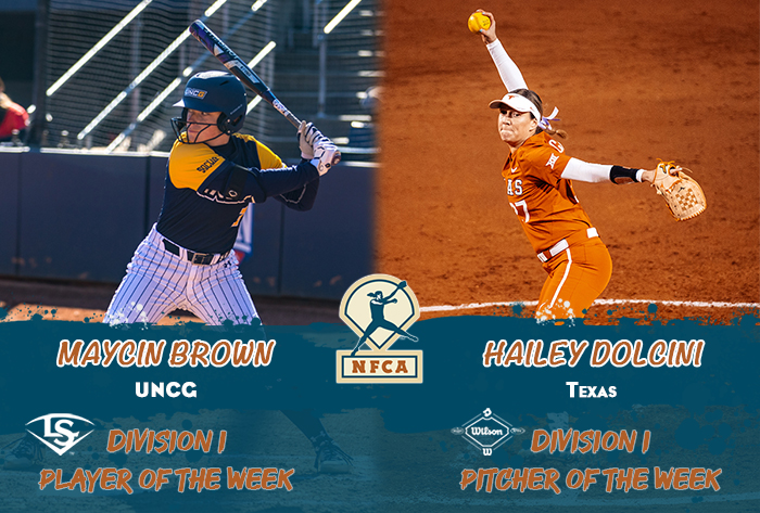nfca player of the week, nfca pitcher of the week, nfca, Louisville slugger/nfca player of the week, wilson/nfca pitcher of the week, Maycin Brown, Hailey Dolcini, NFCA di player of the week, nfca di pitcher of the week, wilson sporting goods, Louisville slugger,