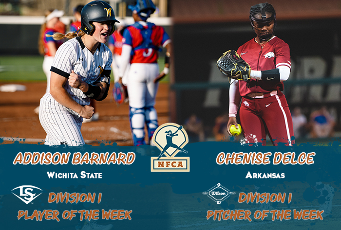 nfca player of the week, nfca pitcher of the week, nfca, Louisville slugger/nfca player of the week, wilson/nfca pitcher of the week, Addison Barnard, Chenise Delce, NFCA di player of the week, nfca di pitcher of the week, wilson sporting goods, Louisville slugger,