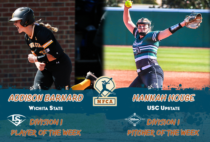 nfca player of the week, nfca pitcher of the week, nfca, Louisville slugger/nfca player of the week, wilson/nfca pitcher of the week, Addison Barnard, Hannah Houge, NFCA di player of the week, nfca di pitcher of the week, wilson sporting goods, Louisville slugger,