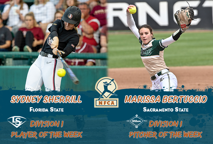 nfca player of the week, nfca pitcher of the week, nfca, Louisville slugger/nfca player of the week, wilson/nfca pitcher of the week, Sydney Sherrill, Marissa Bertuccio, NFCA di player of the week, nfca di pitcher of the week, wilson sporting goods, Louisville slugger,