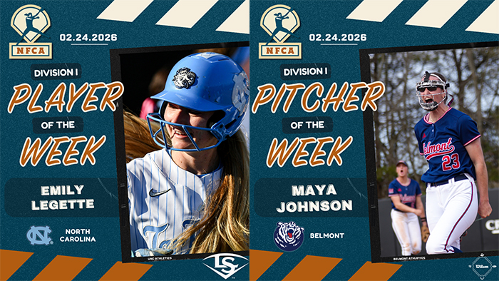Louisville slugger/NFCA Player of the Week, Wilson/NFCA Pitcher of the Week, NFCA, NFCA D1 Player of the Week, NFCA D2 Pitcher of the Week, Louisville Slugger/NFCA DII Player of the Week, Wilson/NFCA DI Pitcher of the Week, Wilson Pitcher of the Week, Louisville Slugger Player of the Week, Wilson Sporting Goods, Louisville Slugger, Maya Johnson, Belmont, Emily LeGette, North Carolina Softball