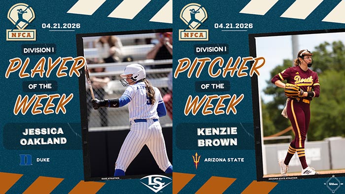 Louisville slugger/NFCA Player of the Week, Wilson/NFCA Pitcher of the Week, NFCA, NFCA D1 Player of the Week, NFCA D1 Pitcher of the Week, Louisville Slugger/NFCA DI Player of the Week, Wilson/NFCA DI Pitcher of the Week, Wilson Pitcher of the Week, Louisville Slugger Player of the Week, Wilson Sporting Goods, Louisville Slugger, Jessica Oakland, Kenzie Brown
