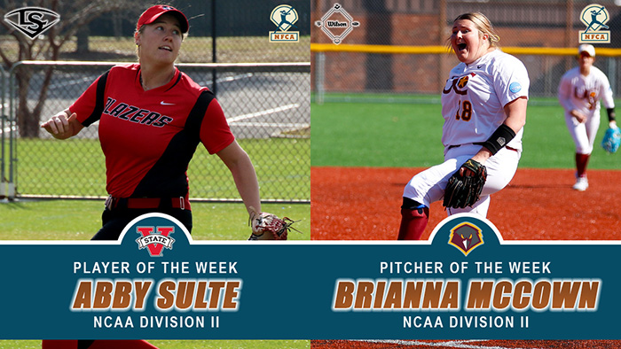 Louisville slugger/NFCA Player of the Week, Wilson/NFCA Pitcher of the Week, NFCA, NFCA D2 Player of the Week, NFCA D2 Pitcher of the Week, Wilson Sporting Goods, Louisville Slugger, Brianna McCown, Abby Sulte