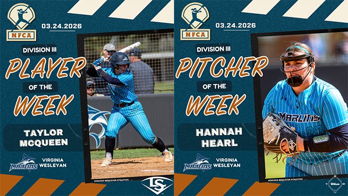 nfca player of the week, nfca pitcher of the week, nfca, Louisville slugger/nfca player of the week, wilson/nfca pitcher of the week, NFCA d3 player of the week, nfca d3 pitcher of the week, wilson sporting goods, Louisville slugger, 2026, hannah, hearl, anslee, sauchegraw, virginia, wesleyan, piedmont, katelyn, howard, texas, lutheran, reagan, hill, randolph-macon, anika, ewert, bowdoin, rose, malen, chapman, taylor, mcqueen,