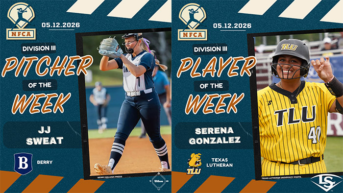 nfca player of the week, nfca pitcher of the week, nfca, Louisville slugger/nfca player of the week, wilson/nfca pitcher of the week, NFCA d3 player of the week, nfca d3 pitcher of the week, wilson sporting goods, Louisville slugger, 2026, hannah, hearl, anslee, sauchegraw, virginia, wesleyan, piedmont, katelyn, howard, texas, lutheran, reagan, hill, randolph-macon, anika, ewert, bowdoin, rose, malen, chapman, taylor, mcqueen, katlyn, gandara, redlands, paola, garcia, pacific, lutheran, katie, blanch, williams, emma, lee, trine, Olivia, tautges, saint, Benedict, Lillie, Davis, Meredith, Eden, Clark, Muhlenberg, Audrey, March, Salisbury, RaeLynn, Perregaux, UMass, Dartmouth, Ana, Lang, Husson, Macy, Funderburk, Belhaven, Karlie, Wolfe, JJ, Sweat, Berry, Serena, Gonzalez, Texas, Lutheran,
