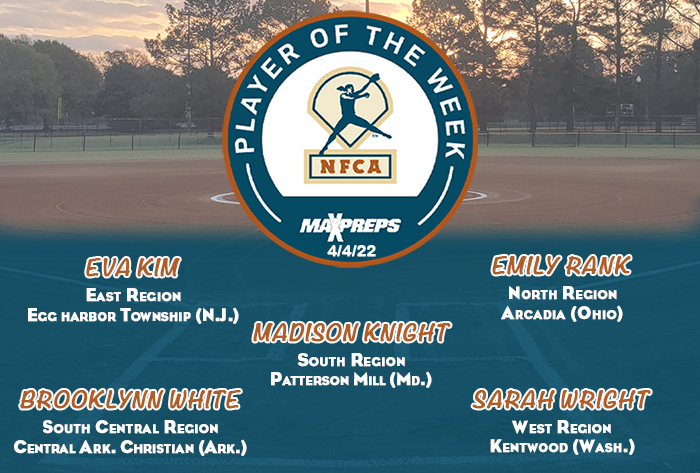 maxpreps/nfca high school player of the week, nfca high school player of the week, nfca, maxpreps, maxpreps softball player of the week,Eva Kim, Emily Rank, Madison Knight, BrookLynn White, Sarah Wright