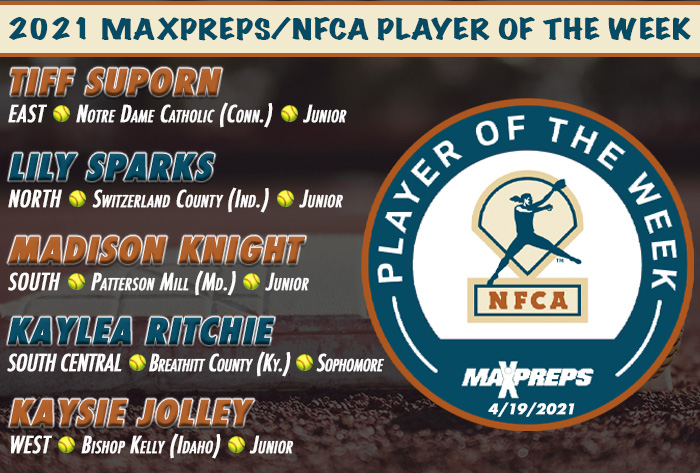 nfca, maxpreps/nfca high school player of the week, Tiff Suporn, lily sparks, Madison knight, Kayla Ritchie, Kaysie Jolley, NFCA player of the week